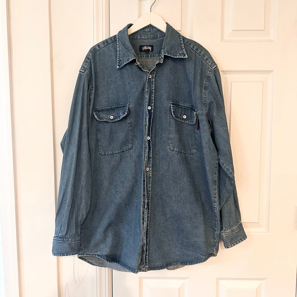 Stussy Vintage 80s Era Cotton Blue Denim Heavy Weight Button Down Shirt Large